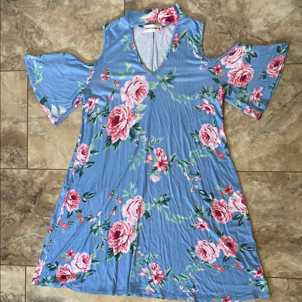 Blue and Pink Floral Off-the-Shoulder Keyhole Neckline Dress